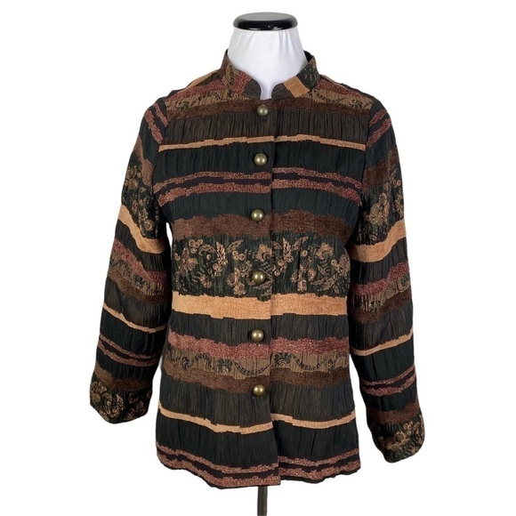 Mirasol Striped Floral Button Down Jacket Women's Medium Brown Black Lined - Picture 4 of 12